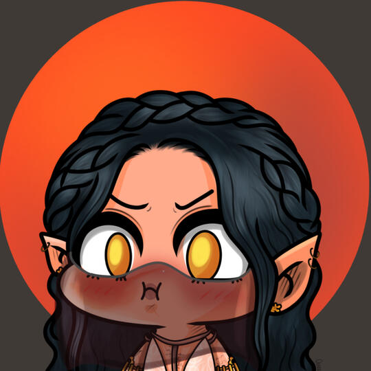 Rajiyah Chibi Icon chibi of a dark-haired half-elf with a sheer lower face veil with an orange background